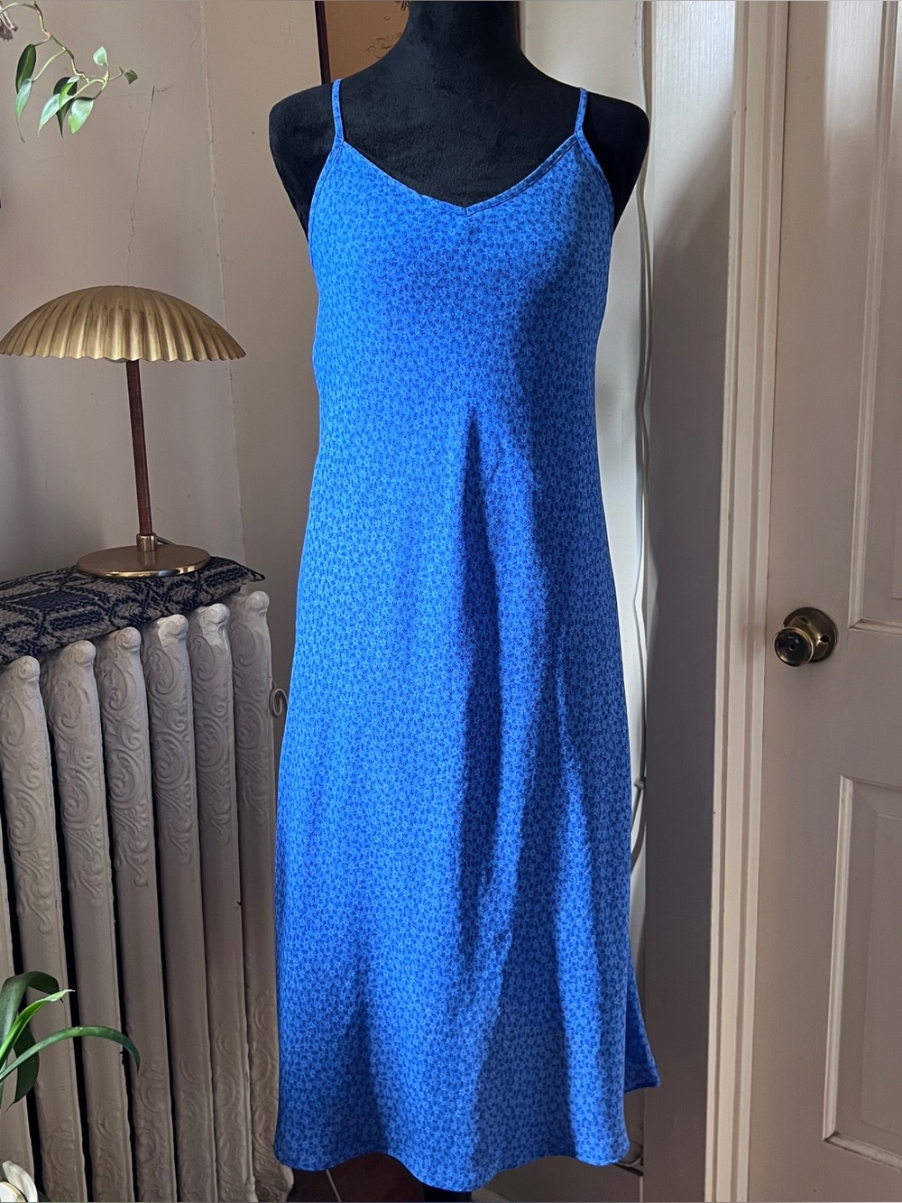 Vtg 90s Express Blue Floral V-Neck Spaghetti Strap Slip Midi Dress - Size 3/4